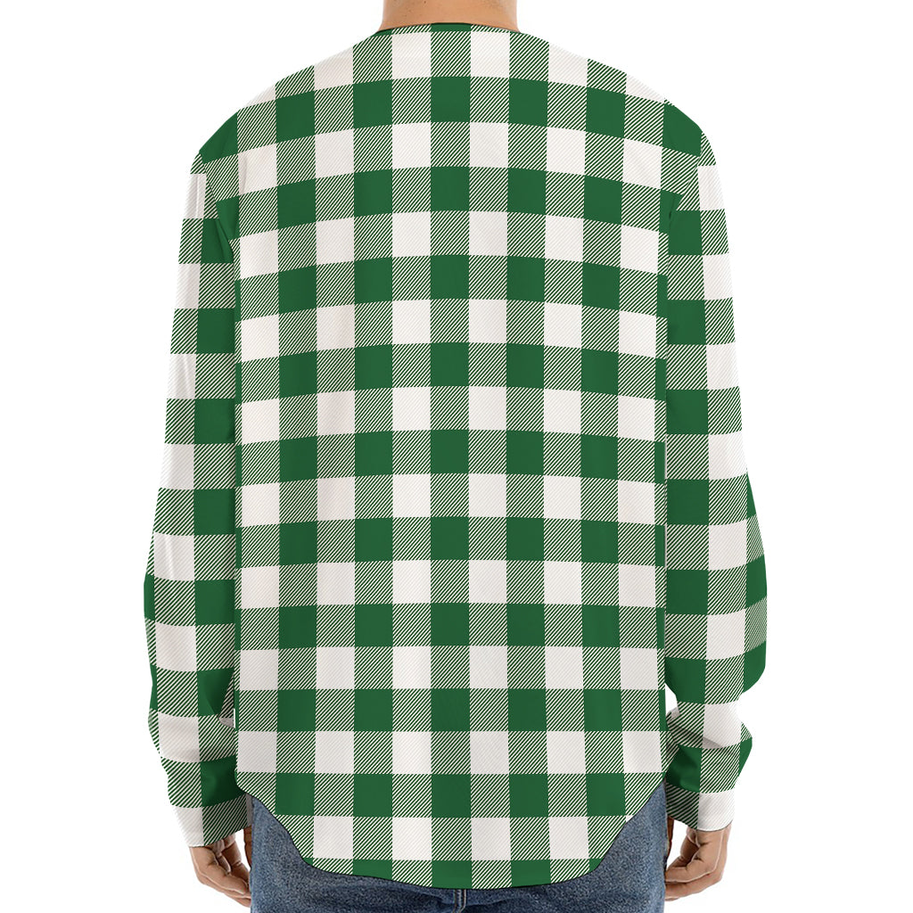 Green And White Buffalo Check Print Long Sleeve Baseball Jersey