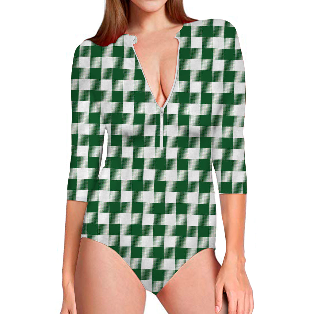 Green And White Buffalo Check Print Long Sleeve Swimsuit