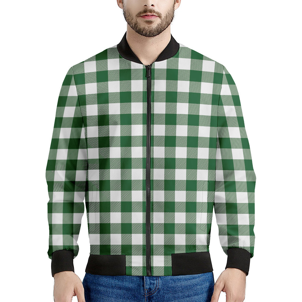Green And White Buffalo Check Print Men's Bomber Jacket
