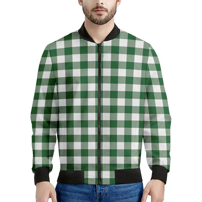 Green And White Buffalo Check Print Men's Bomber Jacket
