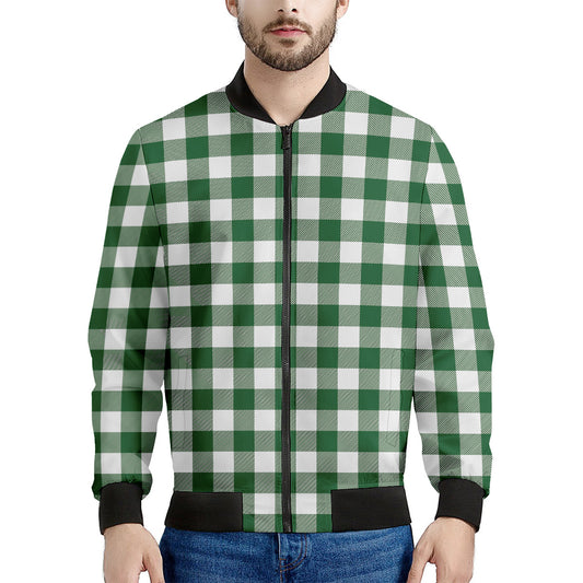 Green And White Buffalo Check Print Men's Bomber Jacket
