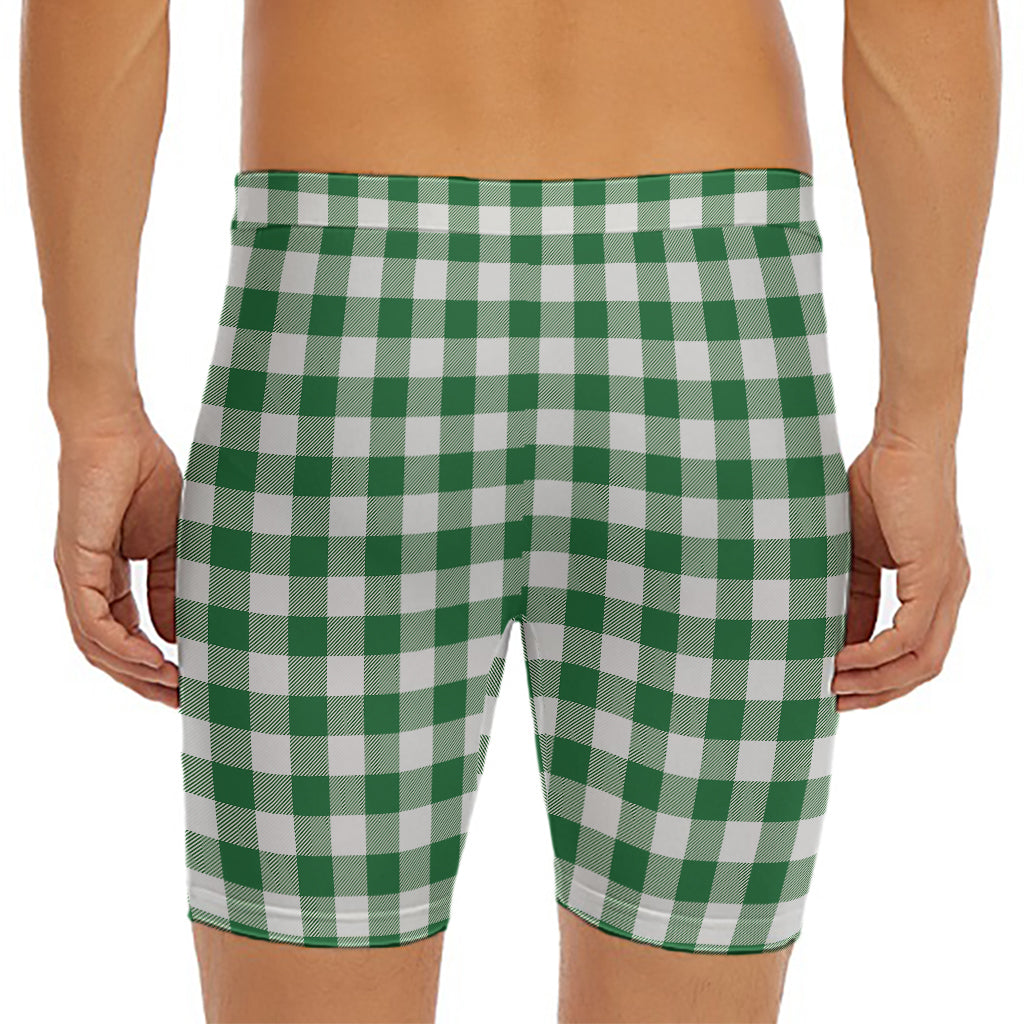 Green And White Buffalo Check Print Men's Long Boxer Briefs