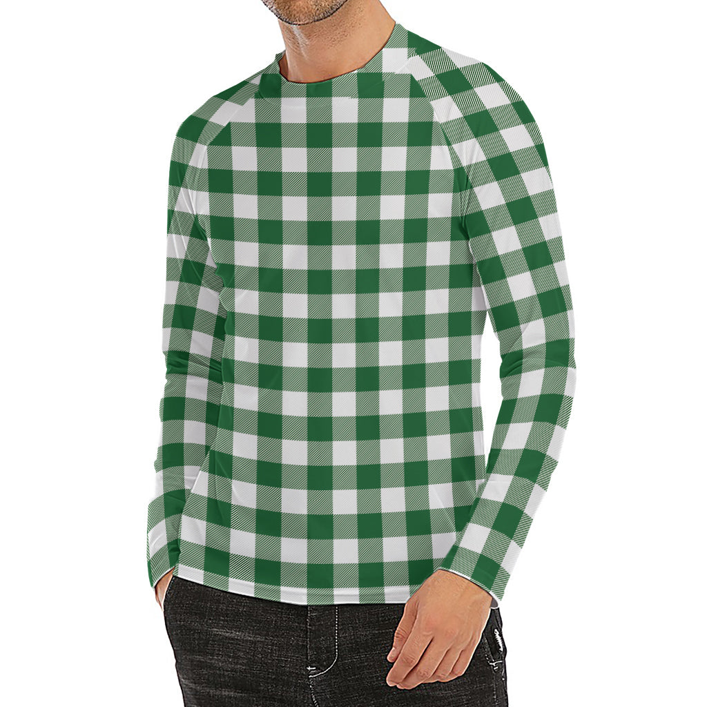 Green And White Buffalo Check Print Men's Long Sleeve Rash Guard