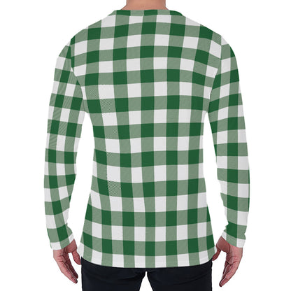 Green And White Buffalo Check Print Men's Long Sleeve T-Shirt