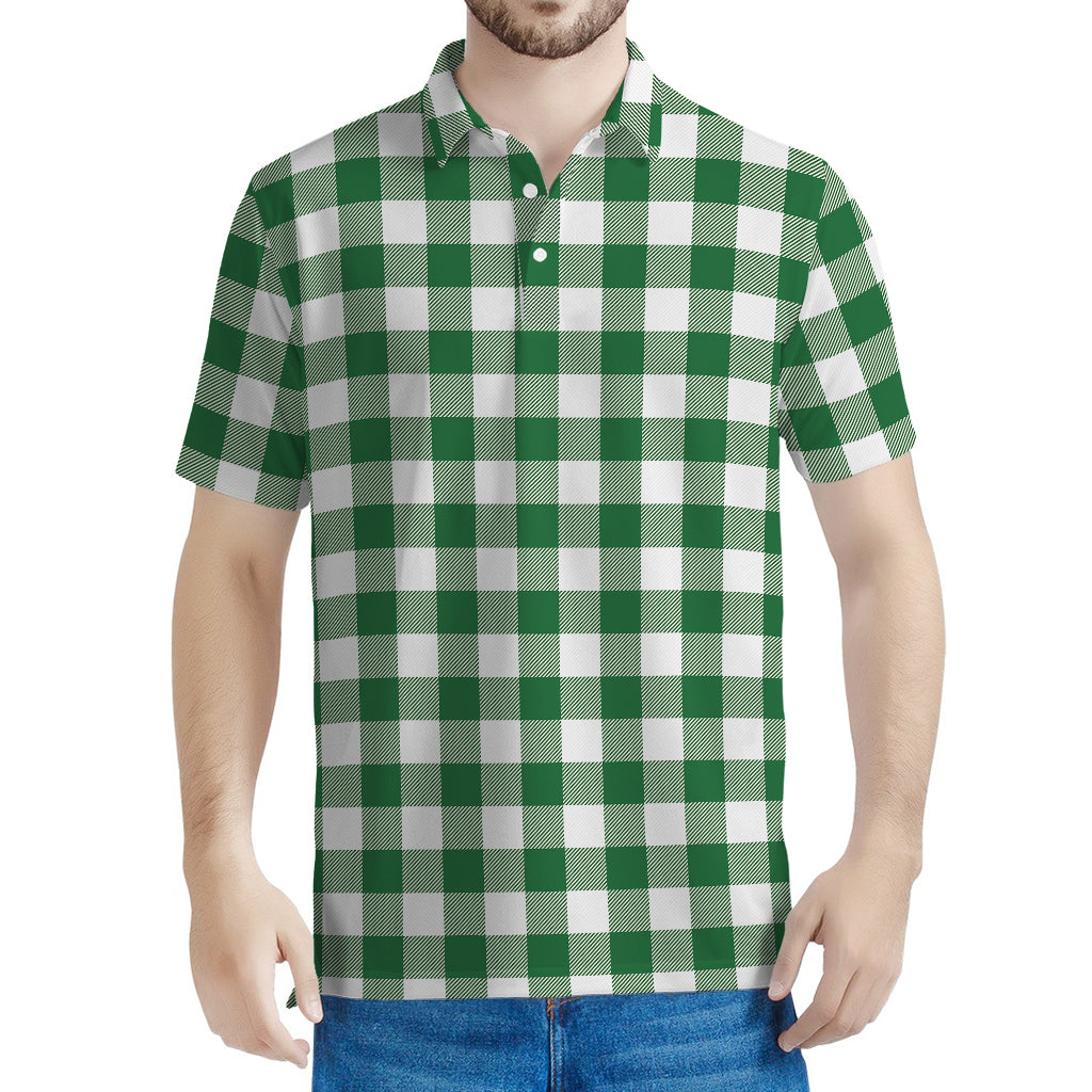 Green And White Buffalo Check Print Men's Polo Shirt