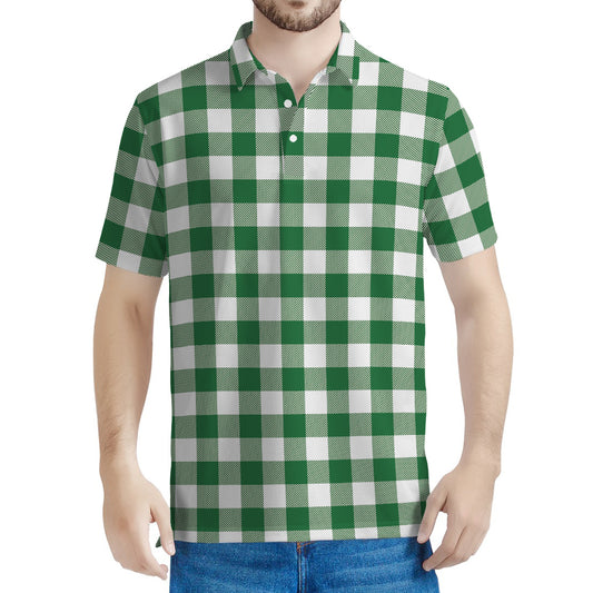 Green And White Buffalo Check Print Men's Polo Shirt