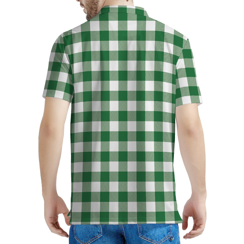 Green And White Buffalo Check Print Men's Polo Shirt