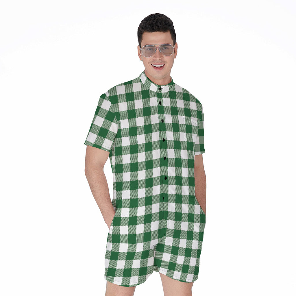 Green And White Buffalo Check Print Men's Rompers