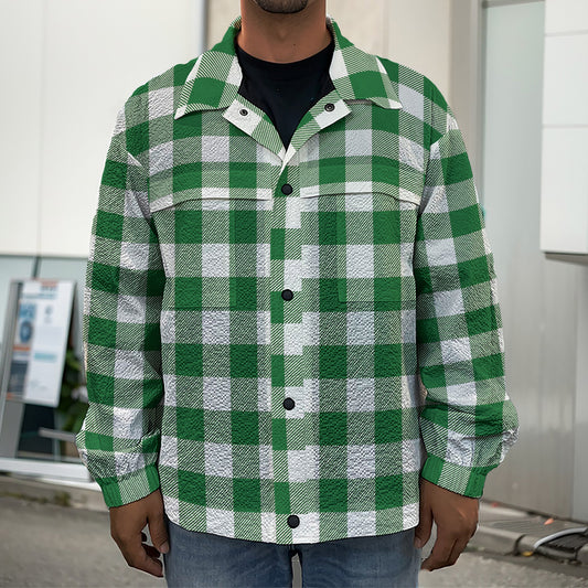 Green And White Buffalo Check Print Men's Shirt Jacket