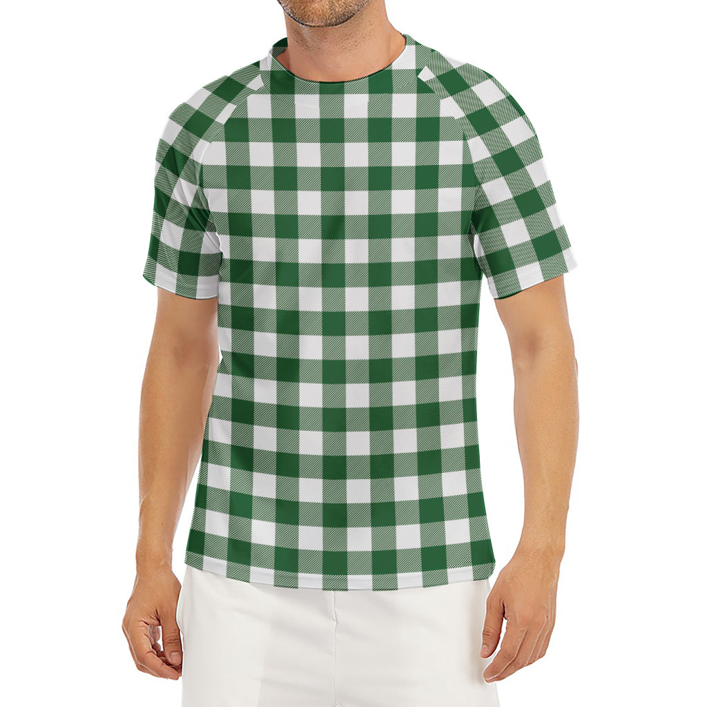 Green And White Buffalo Check Print Men's Short Sleeve Rash Guard