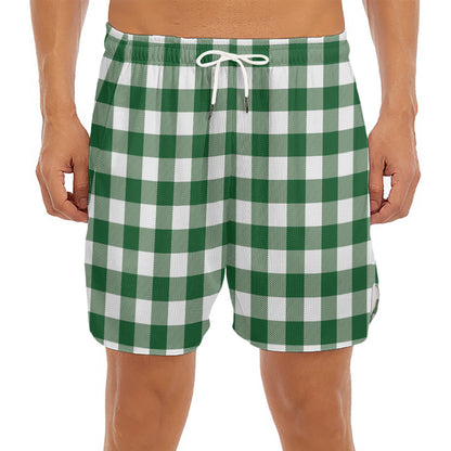 Green And White Buffalo Check Print Men's Split Running Shorts