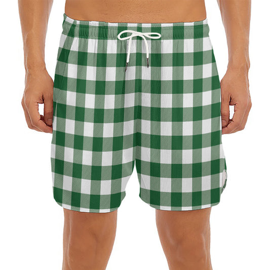 Green And White Buffalo Check Print Men's Split Running Shorts