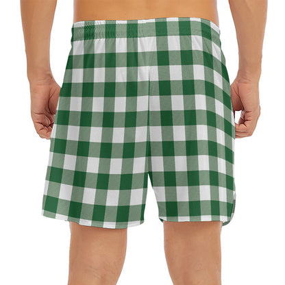 Green And White Buffalo Check Print Men's Split Running Shorts