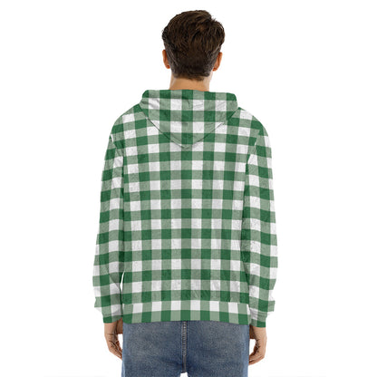Green And White Buffalo Check Print Men's Velvet Pullover Hoodie