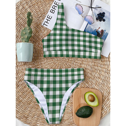 Green And White Buffalo Check Print One Shoulder Bikini Top