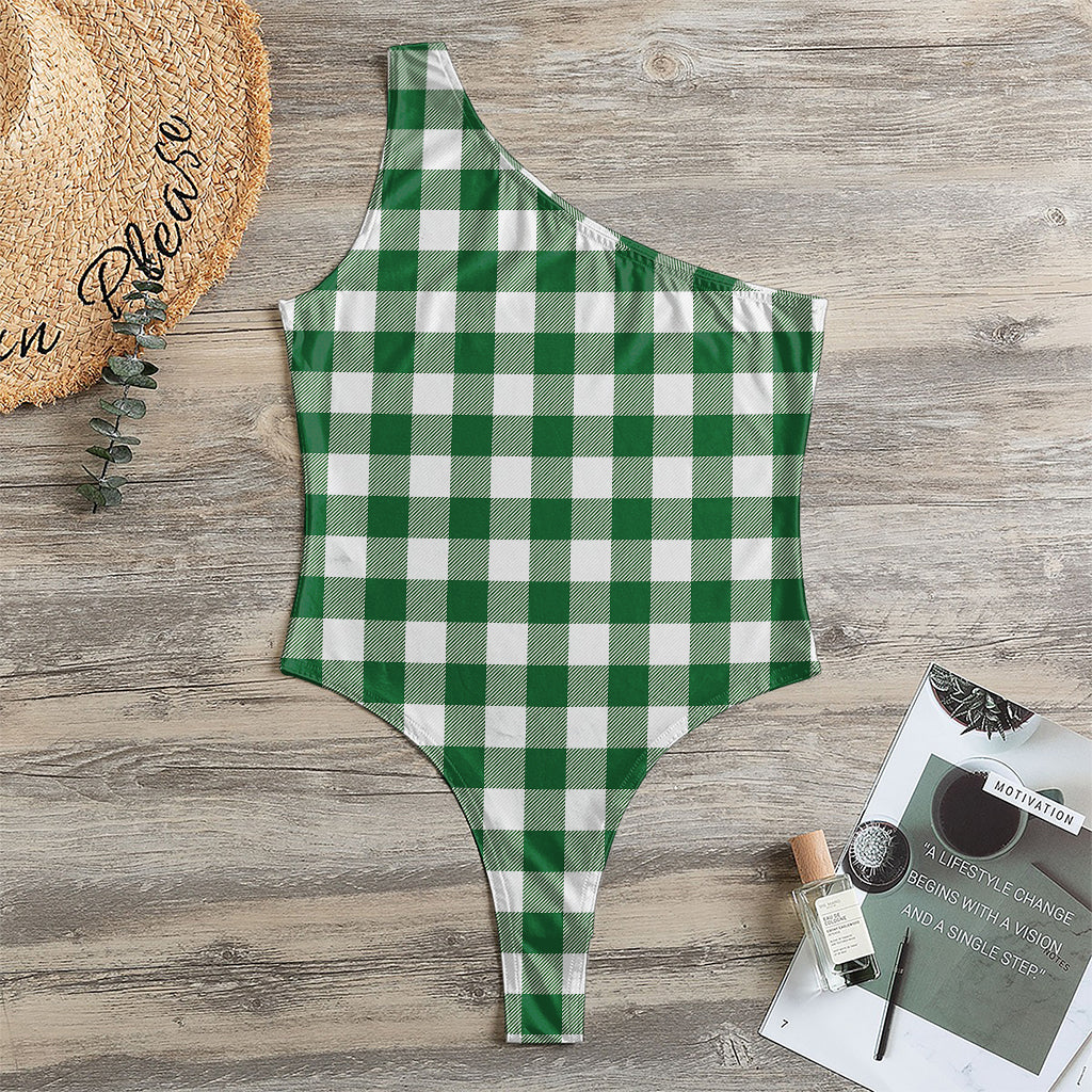 Green And White Buffalo Check Print One Shoulder Bodysuit
