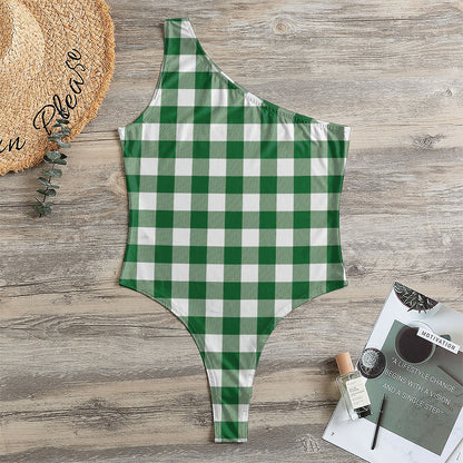 Green And White Buffalo Check Print One Shoulder Bodysuit