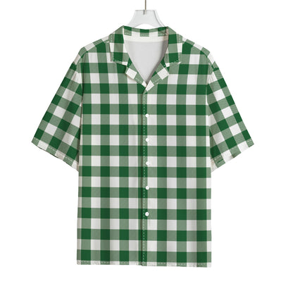 Green And White Buffalo Check Print Rayon Hawaiian Shirt