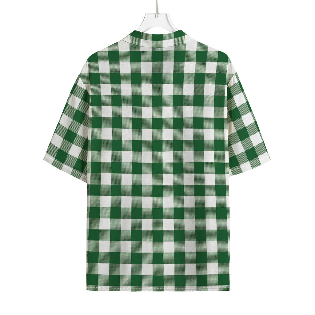 Green And White Buffalo Check Print Rayon Hawaiian Shirt