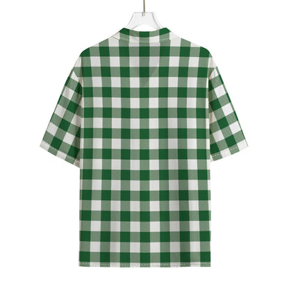 Green And White Buffalo Check Print Rayon Hawaiian Shirt