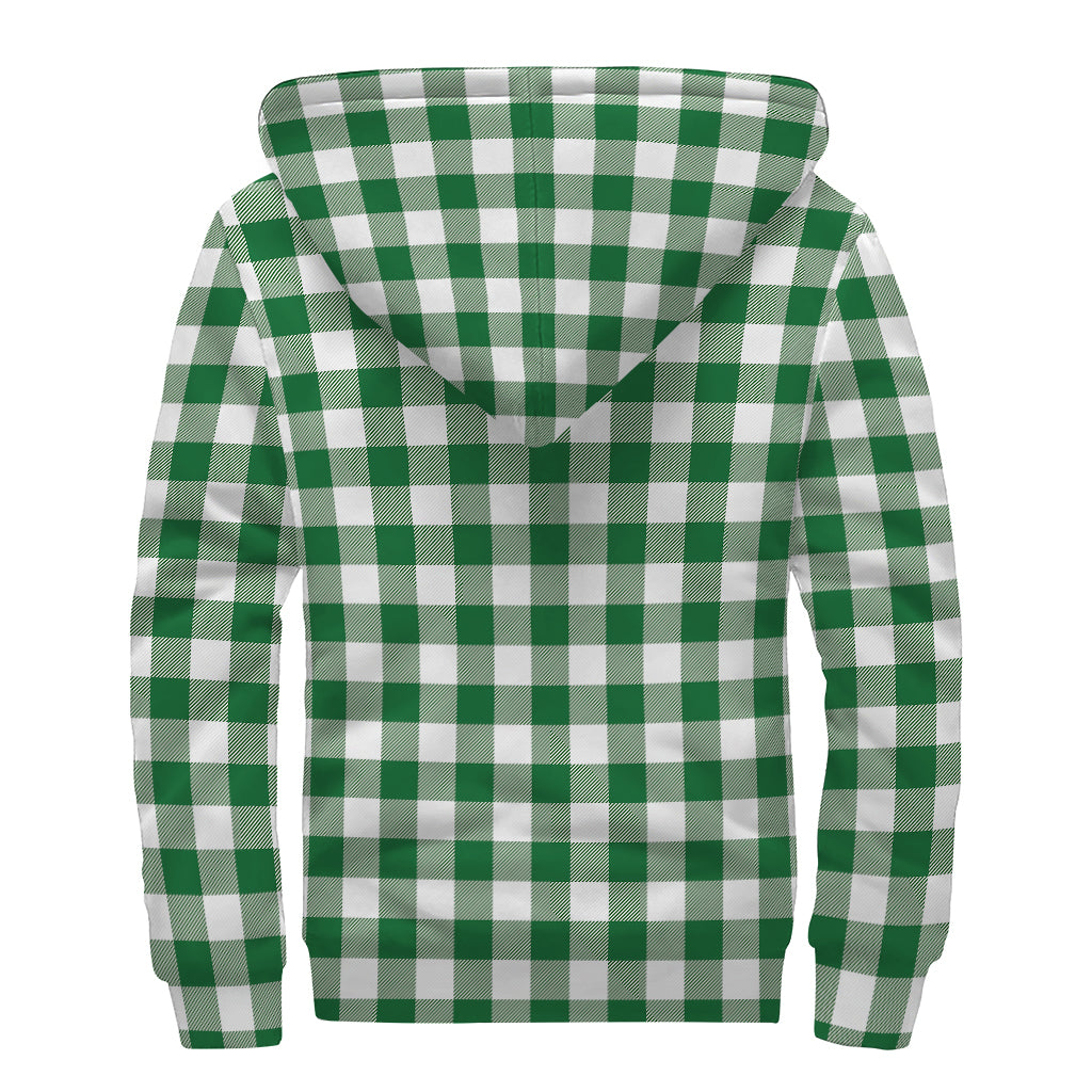 Green And White Buffalo Check Print Sherpa Lined Zip Up Hoodie