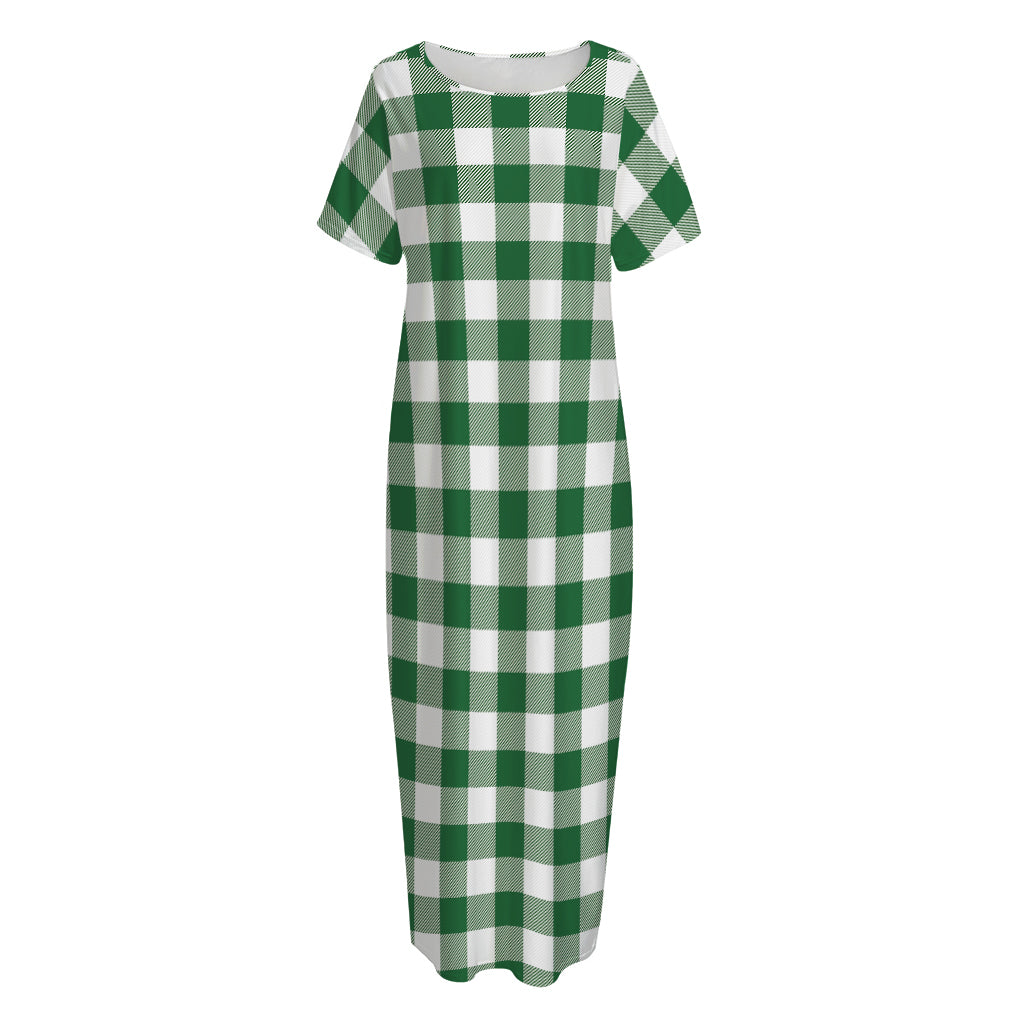 Green And White Buffalo Check Print Short Sleeve Long Nightdress