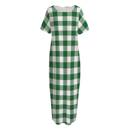 Green And White Buffalo Check Print Short Sleeve Long Nightdress