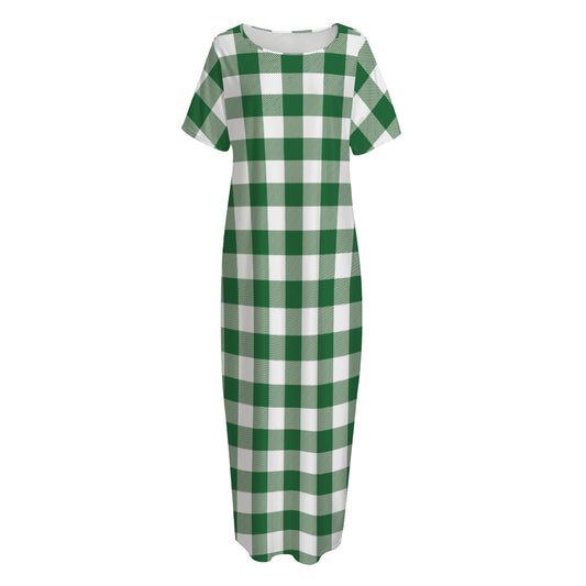 Green And White Buffalo Check Print Short Sleeve Long Nightdress