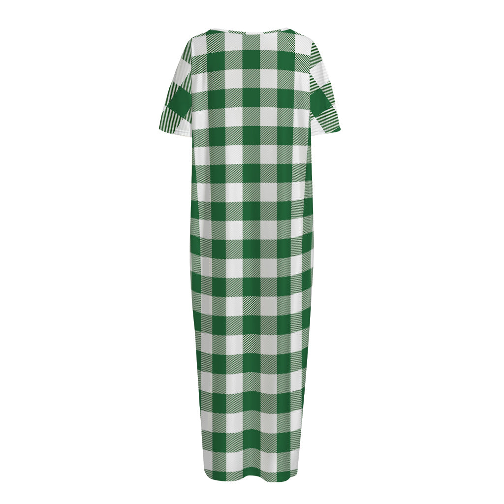 Green And White Buffalo Check Print Short Sleeve Long Nightdress