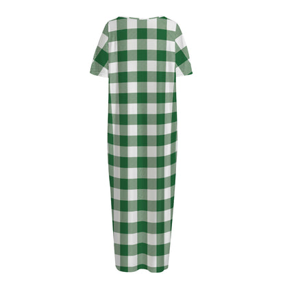 Green And White Buffalo Check Print Short Sleeve Long Nightdress