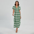 Green And White Buffalo Check Print Short Sleeve Maxi Dress