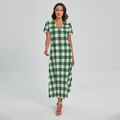 Green And White Buffalo Check Print Short Sleeve Maxi Dress