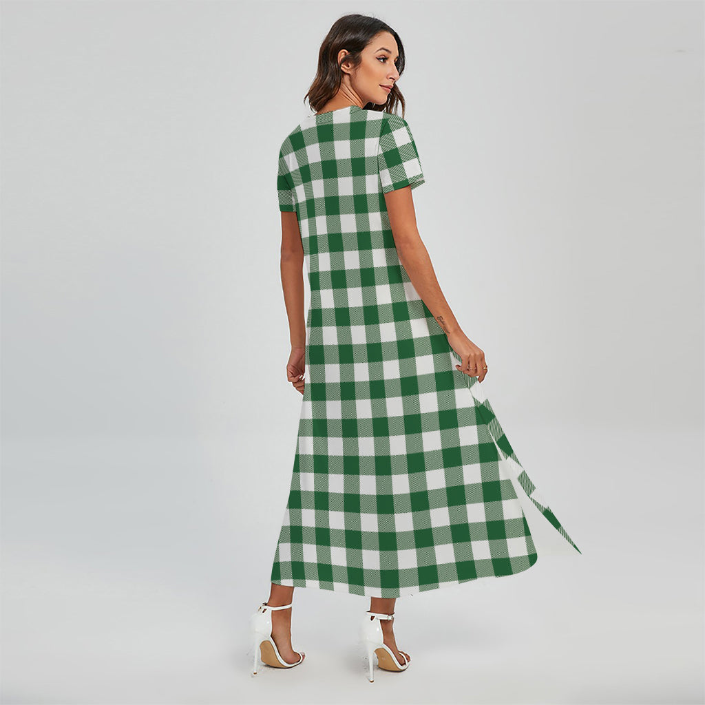 Green And White Buffalo Check Print Short Sleeve Maxi Dress