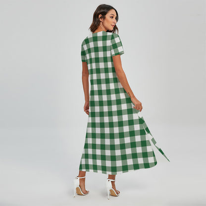 Green And White Buffalo Check Print Short Sleeve Maxi Dress
