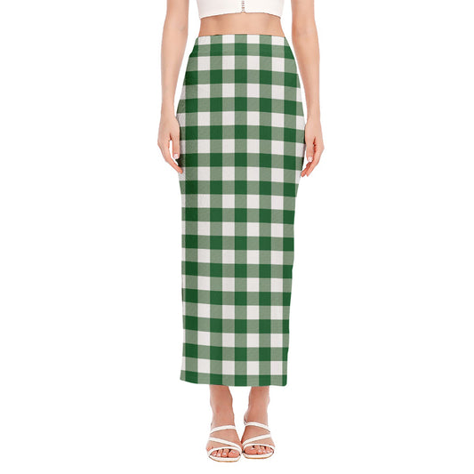Green And White Buffalo Check Print Side Slit Maxi Skirt