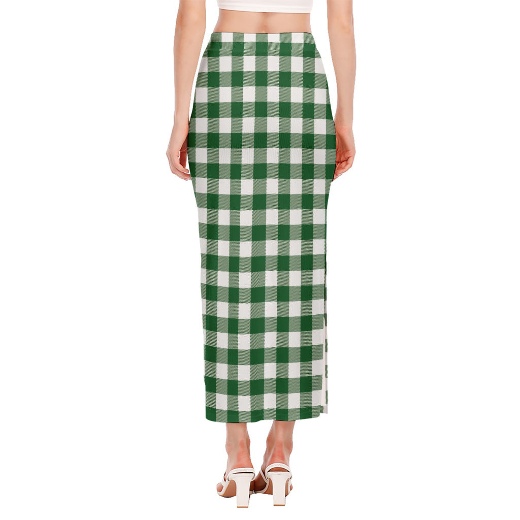 Green And White Buffalo Check Print Side Slit Maxi Skirt