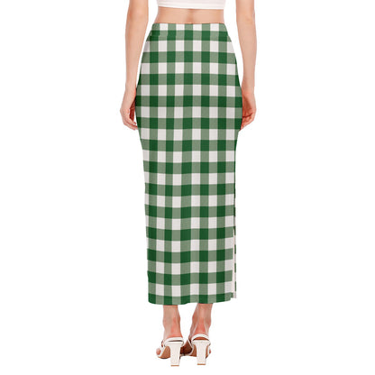 Green And White Buffalo Check Print Side Slit Maxi Skirt