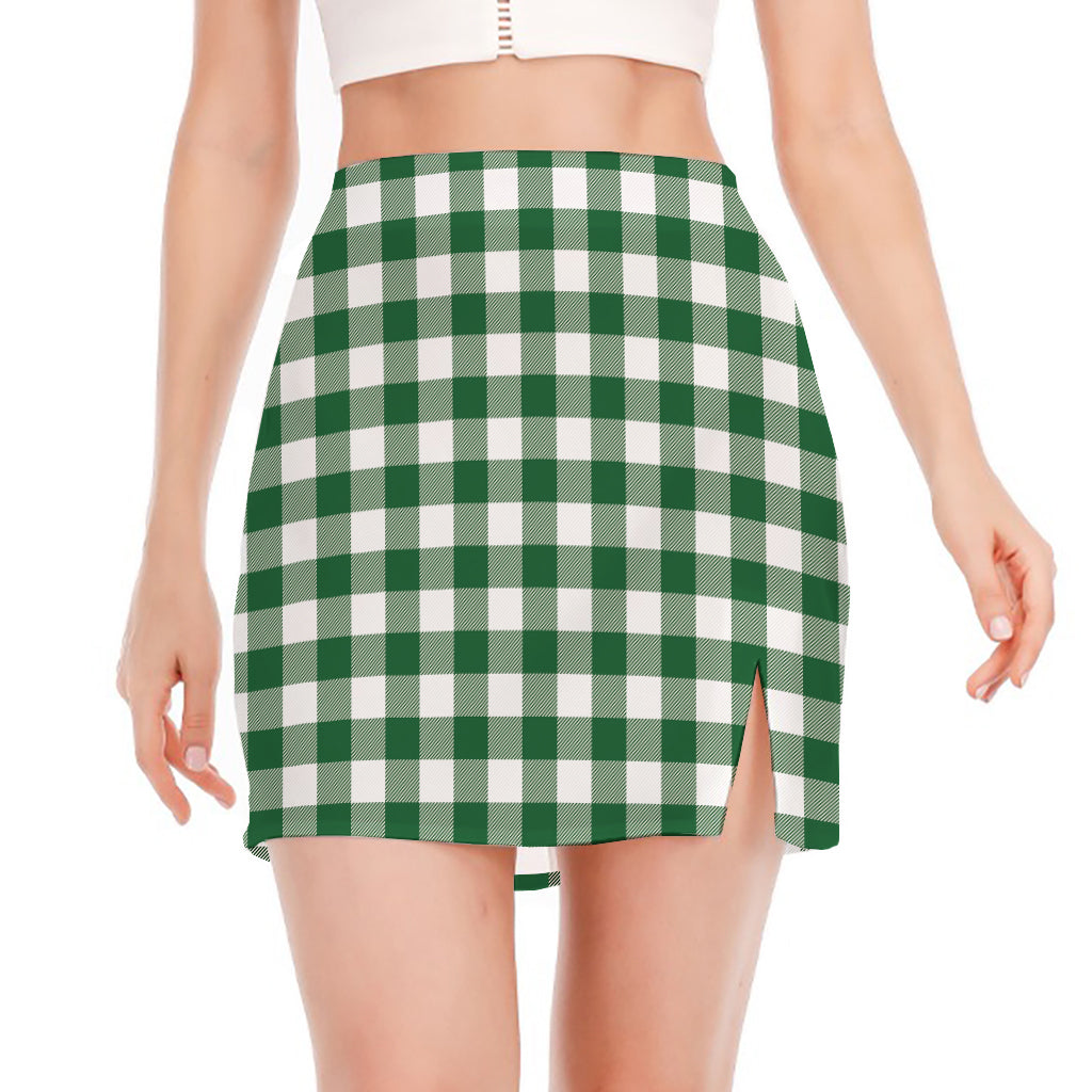 Green And White Buffalo Check Print Side Slit Mini Skirt