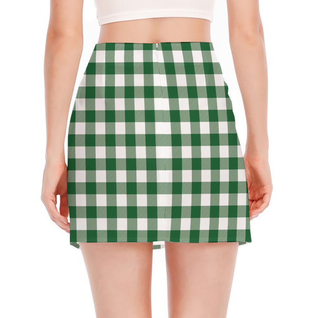 Green And White Buffalo Check Print Side Slit Mini Skirt