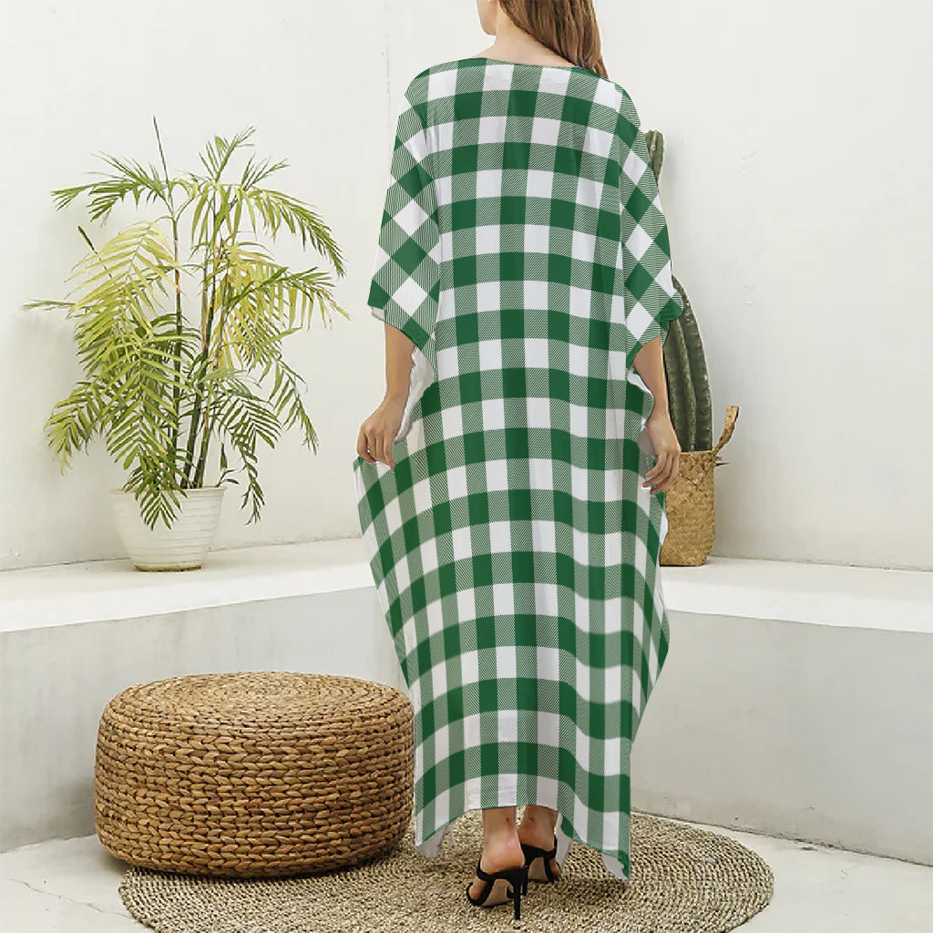 Green And White Buffalo Check Print Silk V-Neck Kaftan Dress
