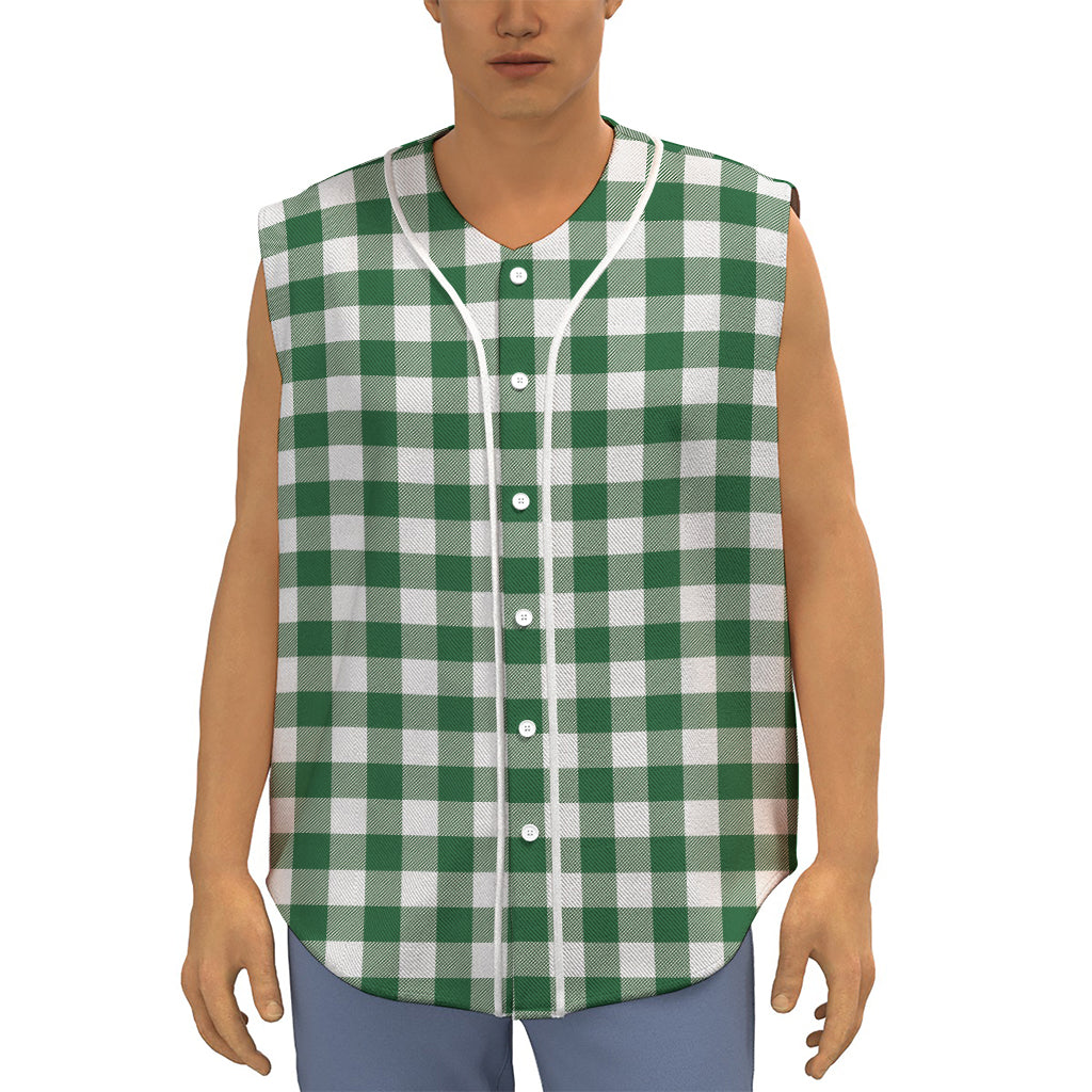 Green And White Buffalo Check Print Sleeveless Baseball Jersey