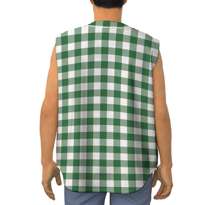 Green And White Buffalo Check Print Sleeveless Baseball Jersey