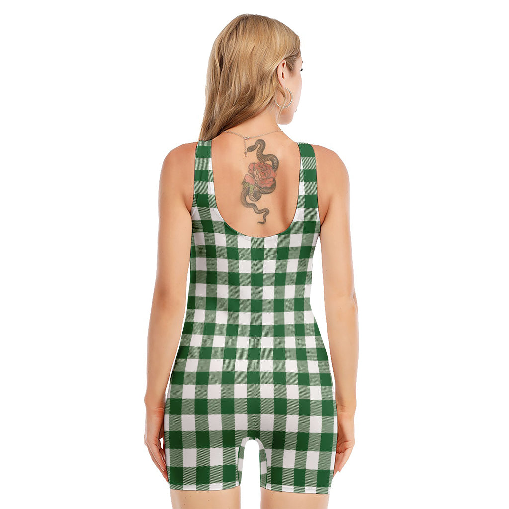 Green And White Buffalo Check Print Sleeveless One Piece Swimsuit