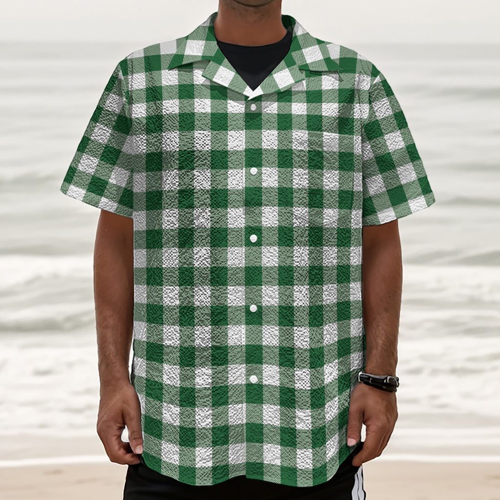 Green And White Buffalo Check Print Textured Short Sleeve Shirt