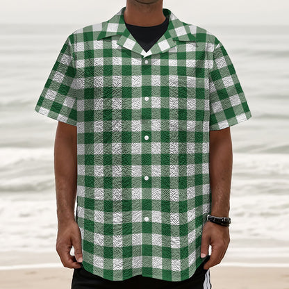 Green And White Buffalo Check Print Textured Short Sleeve Shirt