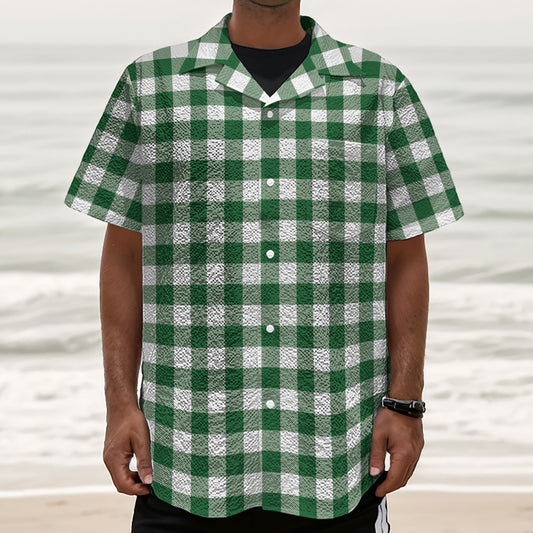 Green And White Buffalo Check Print Textured Short Sleeve Shirt