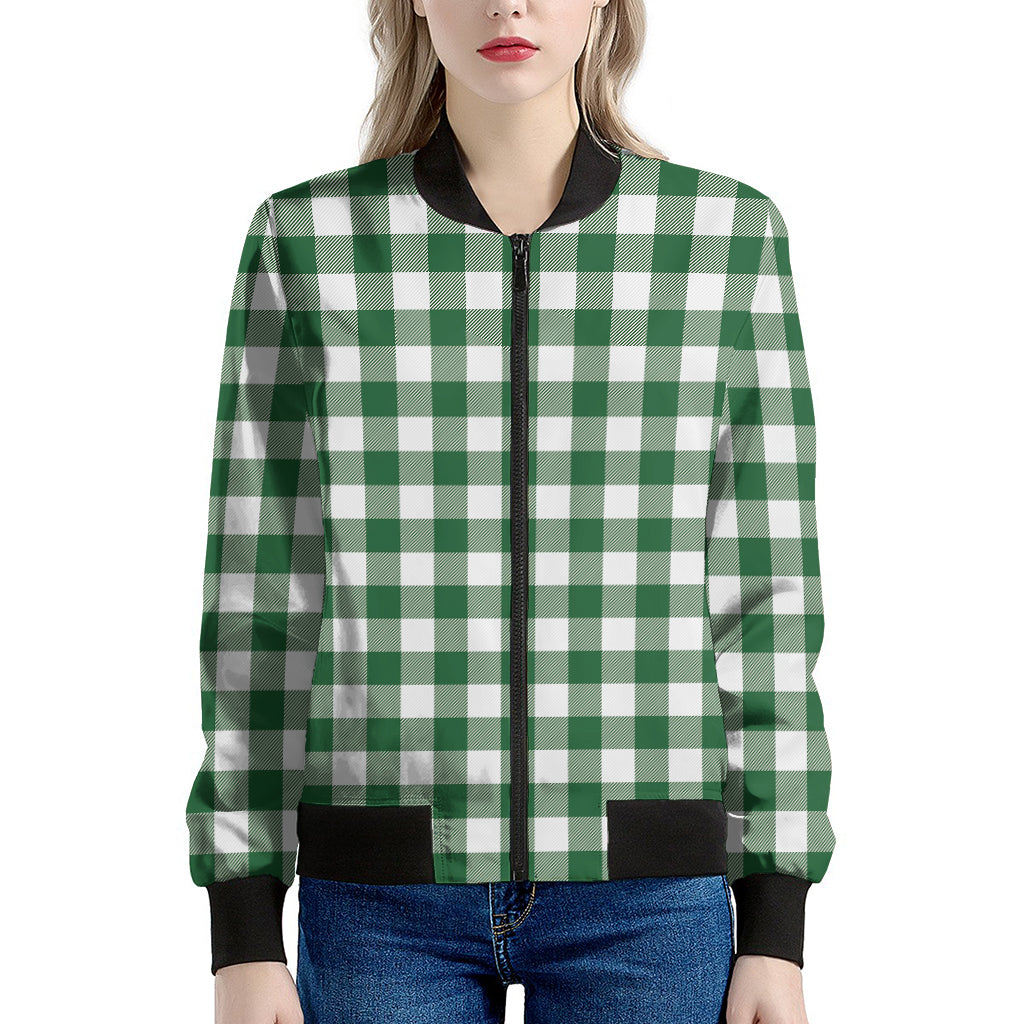 Green And White Buffalo Check Print Women's Bomber Jacket