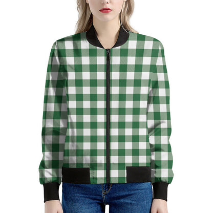 Green And White Buffalo Check Print Women's Bomber Jacket