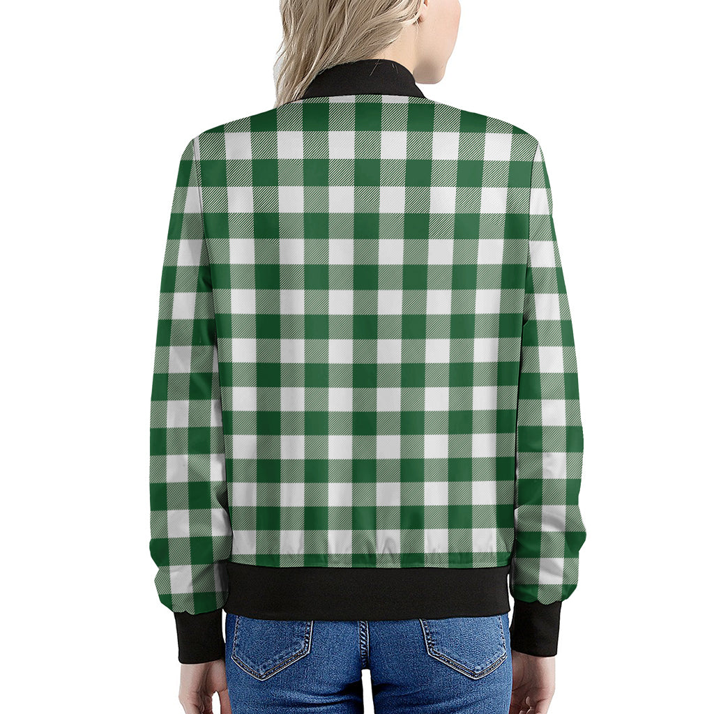 Green And White Buffalo Check Print Women's Bomber Jacket