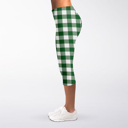 Green And White Buffalo Check Print Women's Capri Leggings